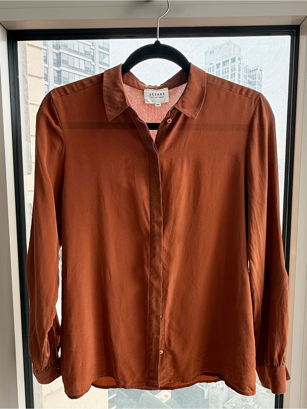 Sezane Women’s Rust Brown 100% Silk Shirt ~ Tailored & Classic ~ S (EUR 36)
